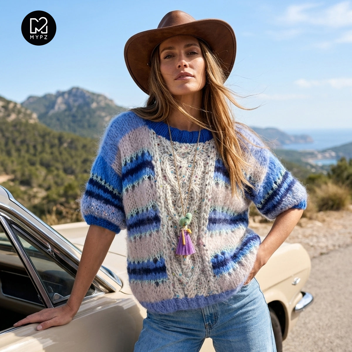 MYPZ Light Alpaca Mohair Top Cable Heart Blue No10