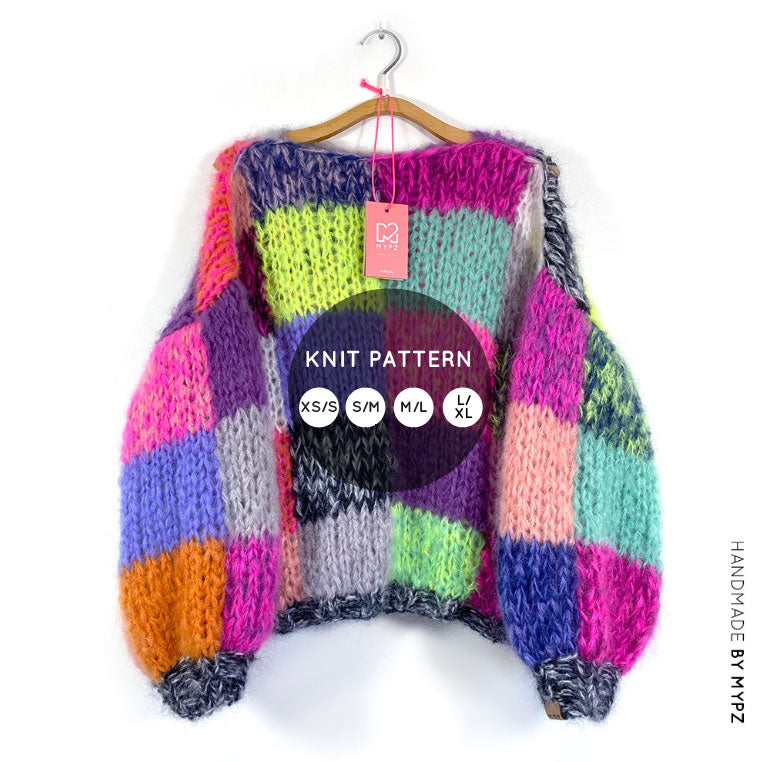 MYPZ knitting pattern chunky rainbow patchwork pullover No15
