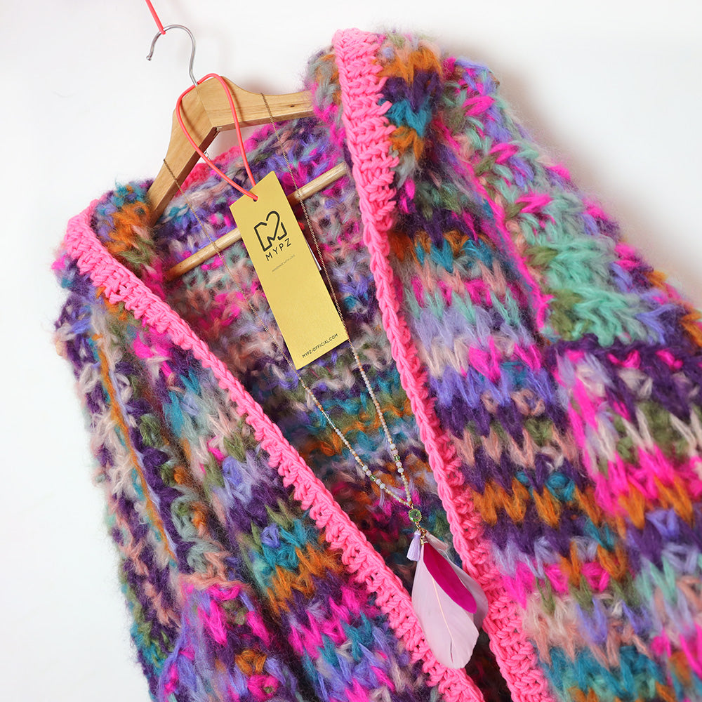 MYPZ Chunky Mohair Rib Cardigan Confetti with hoodie