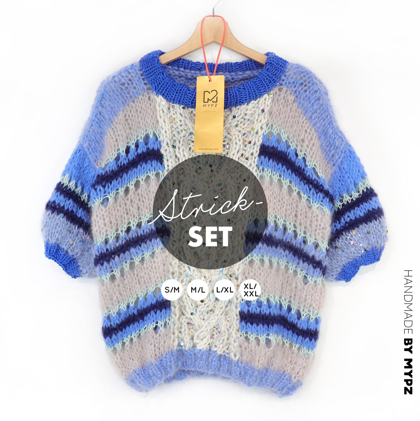 Knitting kit – MYPZ  Light Alpaca Mohair Top Cable Heart Blue No10 (ENG-NL-DE)