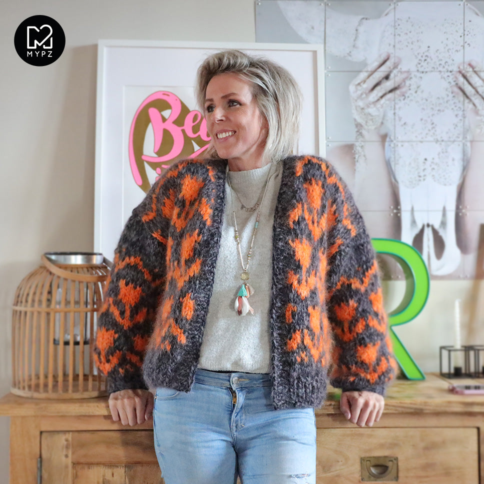 MYPZ Chunky bomber Cardigan Tulips Orange/Black