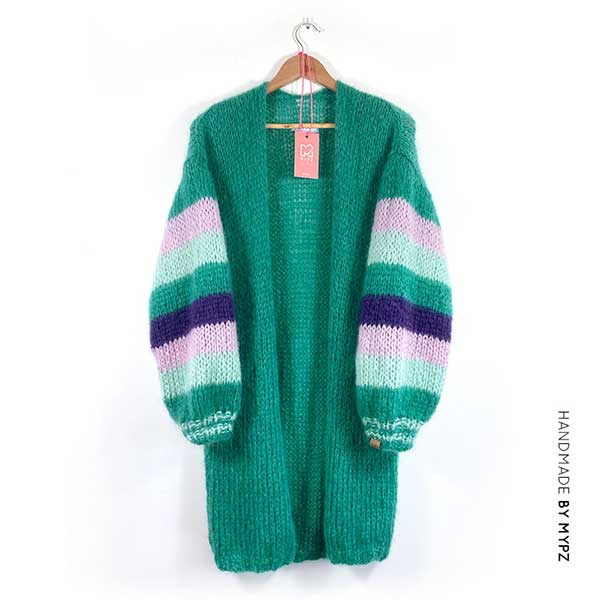 MYPZ knit pattern half long green mohair cardigan SM-ML-LXL