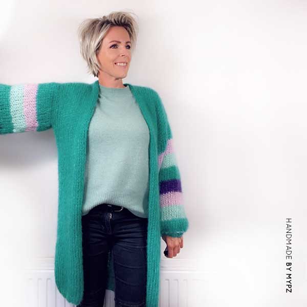 MYPZ knit pattern half long green mohair cardigan SM-ML-LXL